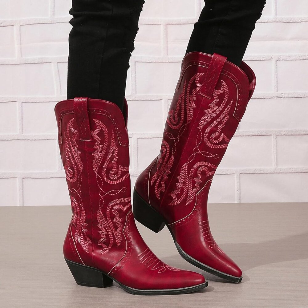 Selroys Cowboy Boots Women Red Leather Mid Calf Western Embroidered Chunky Boots — image 4 of 5